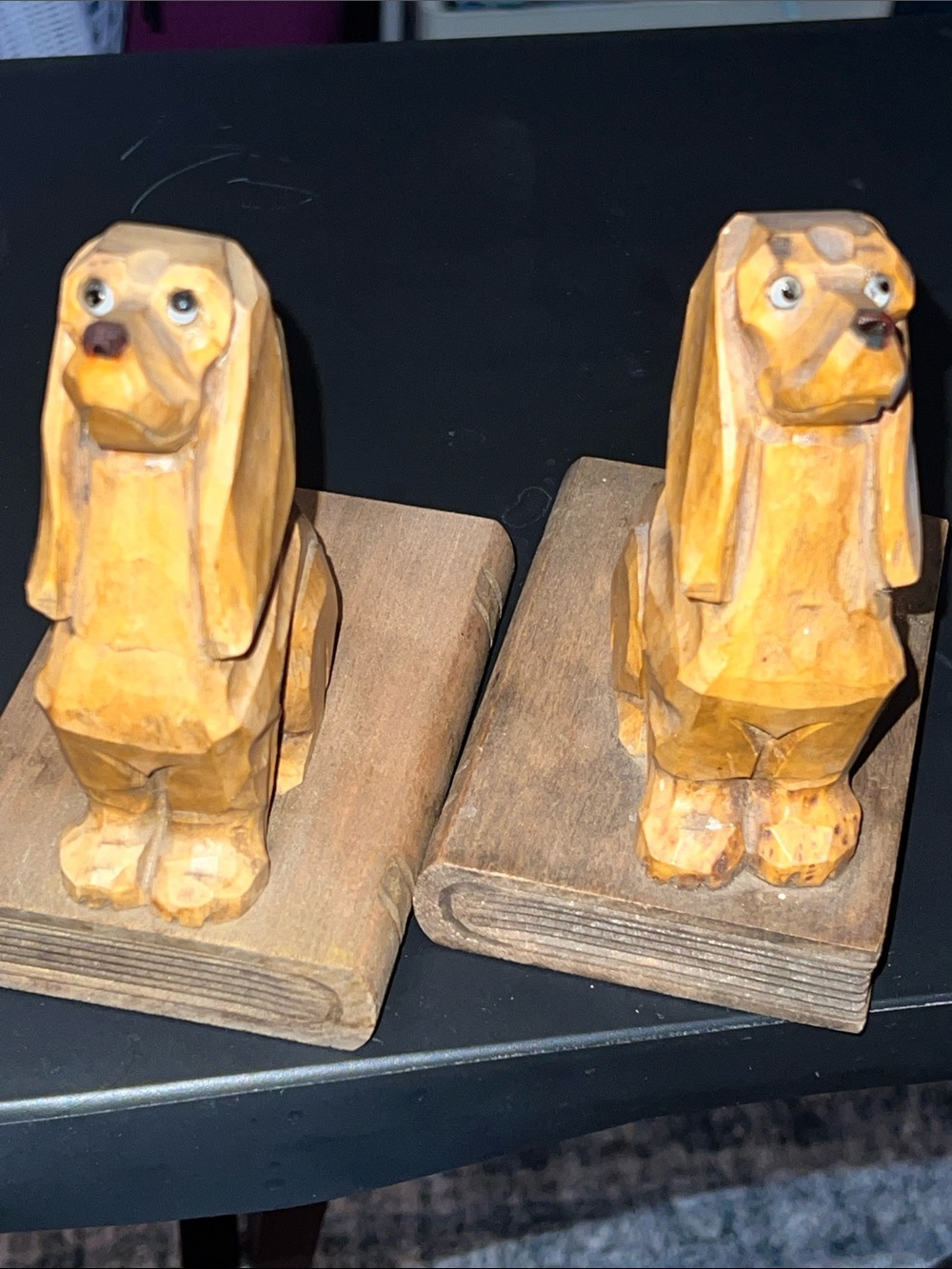 Vintage Mid Century Hand Carved Wood Dachshund Bookends - Made in West Germany